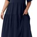 OLRIK Plus Size Maxi Dresses for Curvy Women - Flowy Boho Summer Dress with Pockets, V-Neck Short Sleeve for Beach Vacation (Blue, XXL)