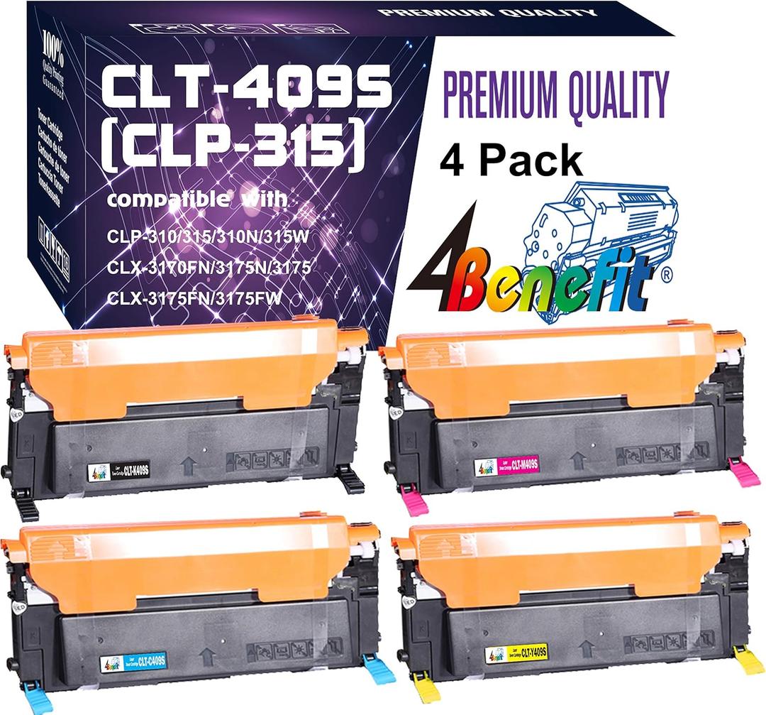 4-Pack Compatible CLT-409S Toner Cartridge B/C/Y/M Replacement for CLP315 Toner Used for CLP-310 CLP-310N CLP315W CLP315 CLP310 CLX-3170FN CLX-3175N CLX-3175 CLX-3175FN Laser Printer