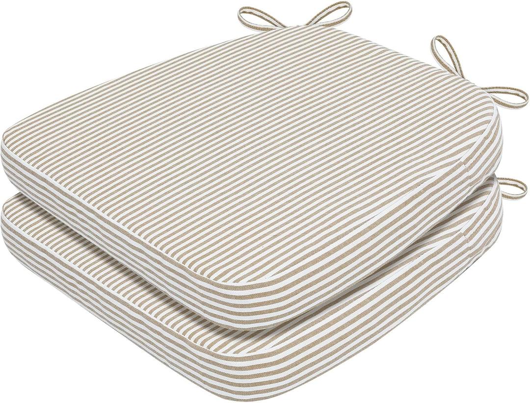 AAAAAcessories D-Shaped Chair Cushions, 2" Thick Dining Chair Pads with Ties and Removable, Machine-Washable Cover, 17" x 16", Set of 2, Natural Sand Pinstripe