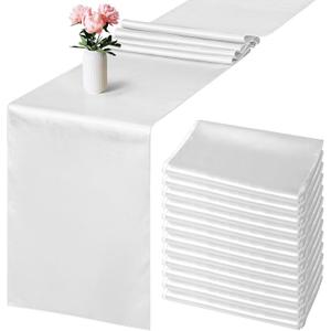 Aneco 12 Pack Satin Table Runner 12 x 108 Inch White Long Wedding Satin Silk Table Runner for Wedding Banquet Graduations Birthday Party Decoration