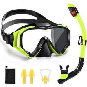 Snorkeling Set for Kids, Full Dry Snorkeling Mask Set for Adults, Anti-Fog Protection, Unisex,HD Panoramic View, Snorkeling Gear for Kids 4-14 Age (Black+Fluorescent Yellow)