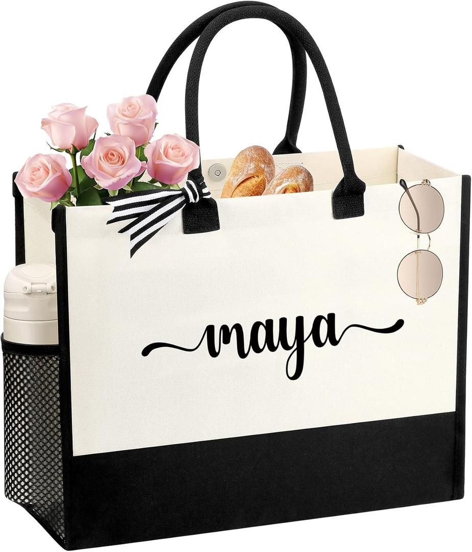 Personalized Name Tote Bag for Women, Birthday Best Friend Bridesmaid Gifts for Women Canvas Initial Tote Bags