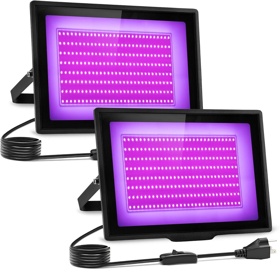 2 Pack 200W LED Black Light IP66 Waterproof,Blacklight with Plug+Switch, Flood Light for Glow Party,Halloween Decoration, Body Paint, Fluorescent Poster, Stage Lighting,Neon Glow,5.25Ft Cord