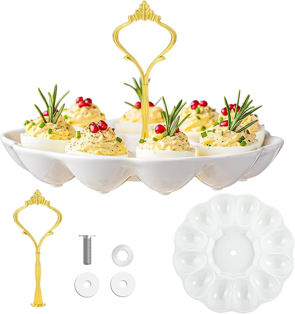 Potchen Multi Tier Ceramic Deviled Egg Platter Deviled Egg Tray Container, Detachable Eggs Holder Tower Wedding Party Food Container for Kitchen Countertop Microwave Dishwasher Freezer(Crown,1 Tier)