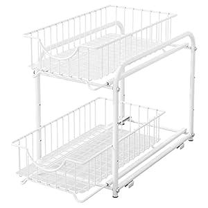 AIYAKA 2 Tier Stackable Sliding Basket Organizer Drawer For Kitchen And Bathroom/ Cabinet Drawers, White