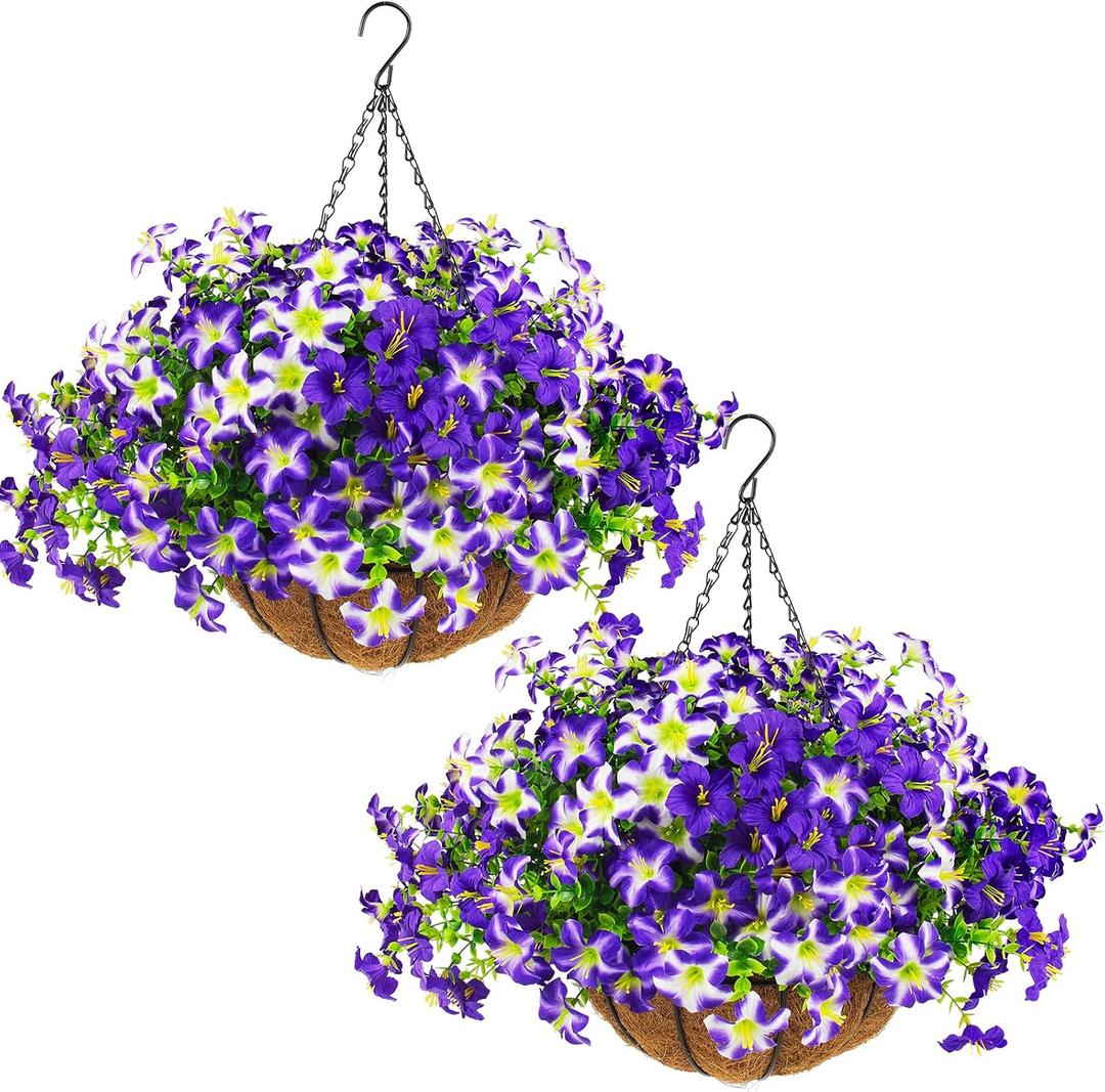 2 Set Artificial Petunias Flowers with Hanging Baskets, 24 Pcs Silk Petunia UV Resistant Purple Faux Petunias Flowers with Hanging Planter for Front Door Porch Spring Outside Decor (2, Purple)