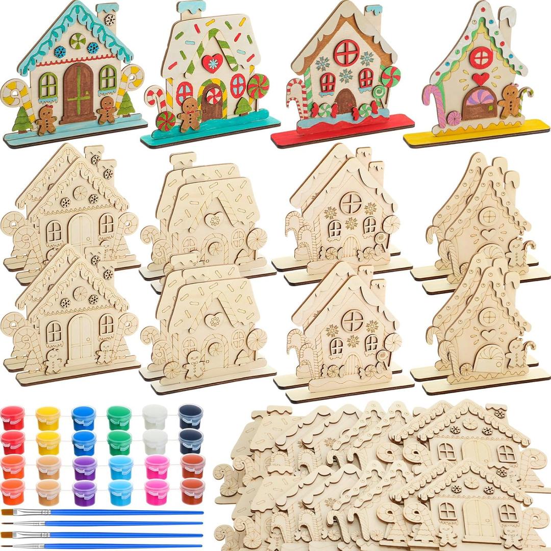 DoubleFill 24 Set DIY Wood Christmas Gingerbread House Paint Craft Kit Unpainted Ceramics Plaster Keepsake with Painting Set for Christmas Holiday Party DIY Art Project Decoration Paint Brushes