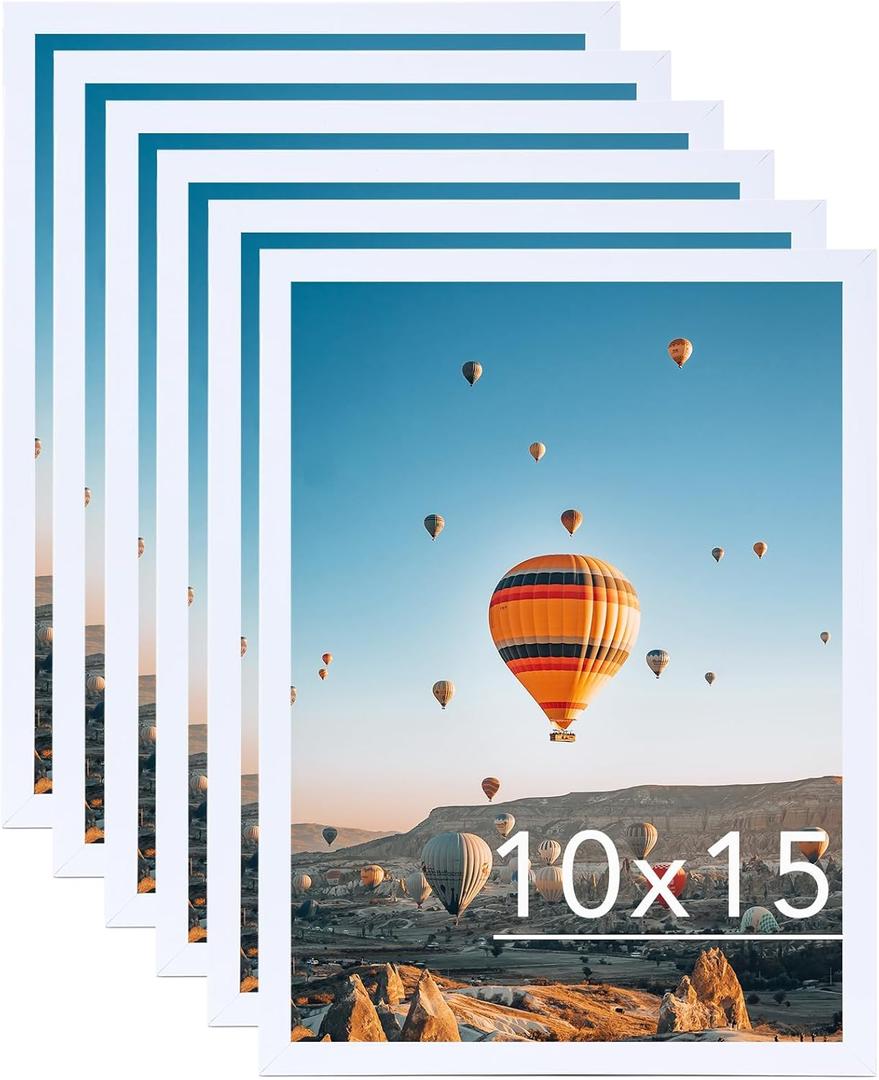 10x15 White Picture Frame Set of 6, Horizontal and Vertical Formats for Wall Hanging, 10 x 15 Wall Gallery Poster Photo Frames with Shatter Resistant Plexiglass, 6 Pack, White