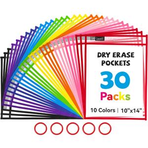 Gamenote 30 Pack Dry Erase Pockets with 5 Rings, 10 Assorted Colors 10x14 Oversized Reusable Plastic Sleeves, Clear Sheet Protectors, Teacher Supplies for Classroom Organization