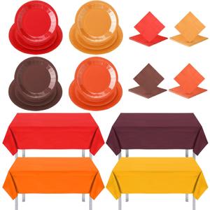 Yungyan 148 Pcs Fall Party Table Decorations Set Thanksgiving Plastic Rectangle Tablecloth Disposable Paper Plates and Napkins Kits for Autumn Harvest Orange Festival Party Table Supplies