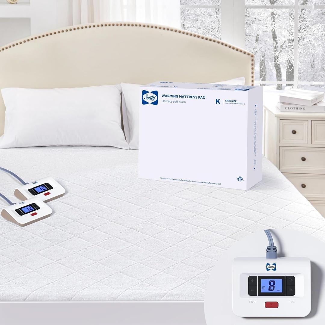 Sealy Heated Mattress Pad King Size with Plush Top, Coral Fleece Electric Bed Warmer with Dual Controller, 10 Heat Settings & Auto Off 1-12 Hours, Fit Up to 17" Deep Pocket, Machine Washable 78"x80"