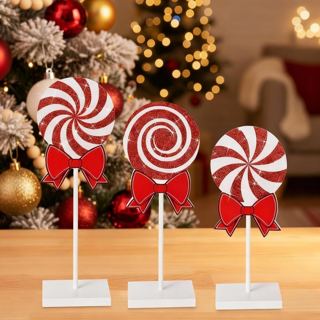 3 Pcs Christmas Table Decorations Wooden Candy Set Tiered Tray Decor Red and White Candy Centerpieces Wood Decorations for Home Tables Christmas Decor (Fresh)