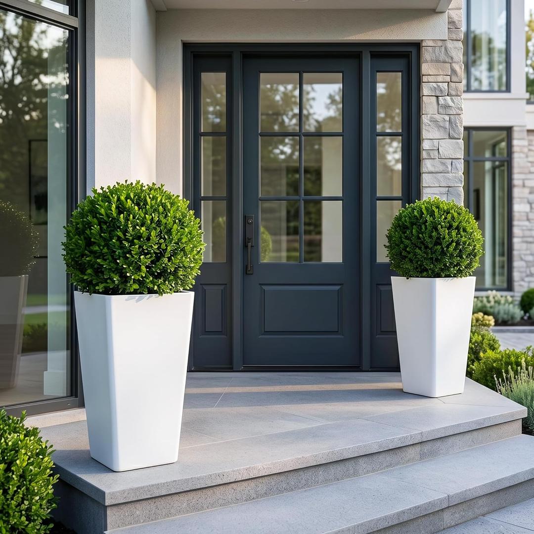 KOL Planters for Outdoor Plants, 28 Inch Tall White Flower Pots 2 Pack, Large Plastic Plant Pots with Drainage Hole and Dual-Purpose Tray, Decorative Indoor Planter for Front Porch Patio Garden