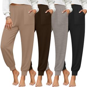 4 Pack Women's Yoga Joggers, Cozy Lounge Pants with Pockets Loose Casual Gym Athletic Sweatpants Comfy Cuffed Pants (X-Large, Black, Light Coffee, Brown, Khaki)
