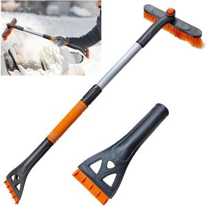 KITUREK 31.5" Detachable Snow Brush and Ice Scraper for Car Windshield, 2-in-1 Winter Snow Removal Tool with Extendable, 360 Rotating Soft Bristle Brush Head and Foam Grip for Most Vehicles (Orange)