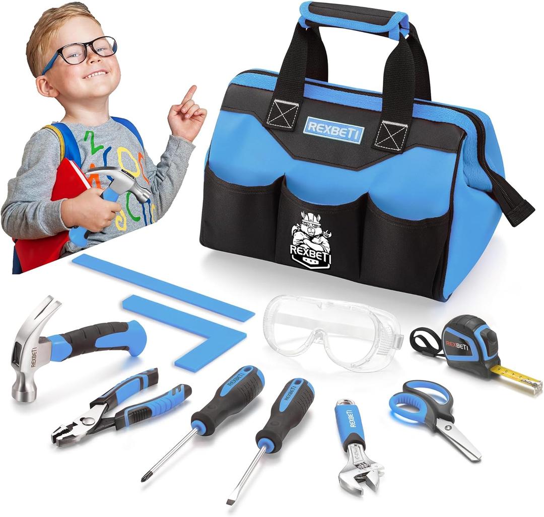 REXBETI 10-Piece Kids Tool Set with Real Hand Tools, Blue Durable Storage Bag, Children Learning Tool Kit for Home DIY and Woodworking, 6+ Years Old Birthday Gift