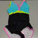 popvil Women's One Piece 2025 Tummy Control Swimsuits Neon Color Block Swimwear Deep V Neck Slimming Bathing Suit (Black & blue) S