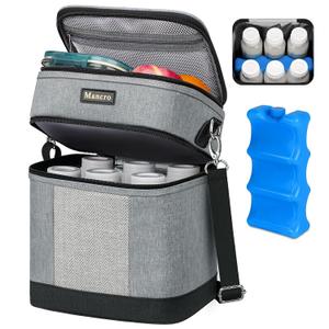 Mancro Breast Milk Cooler Bag for Travel with Ice Pack, Double Layer Insulated Baby Bottle Bag with Shoulder Strap for Daycare and Nursing Moms,Fit 6 Baby Bottles up to 9 Ounces, Grey