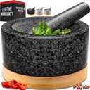 PriorityChef Heavy Duty Mortar and Pestle Set with Bamboo Base, 100% Natural Granite Stone Grinder, Guacamole Bowl and Masher, 4 Cups, Black