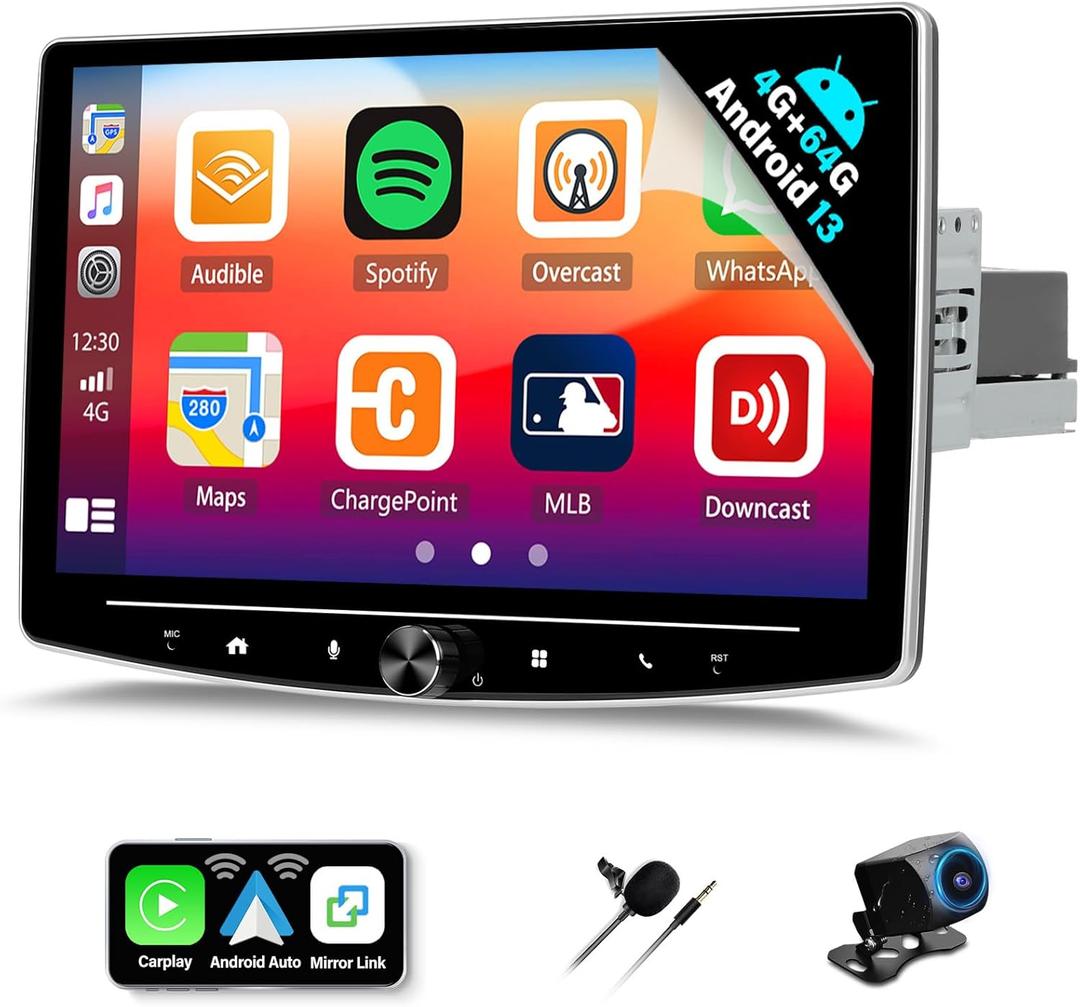 UNITOPSCI 4G+64G Android 13 Car Stereo Single Din 10 Inch Floating Touchscreen Wireless CarPlay Android Auto Rotatable Bluetooth Car Radio, GPS Navigation &WiFi, FM/RDS/DSP/32EQ, Backup Camera/SWC
