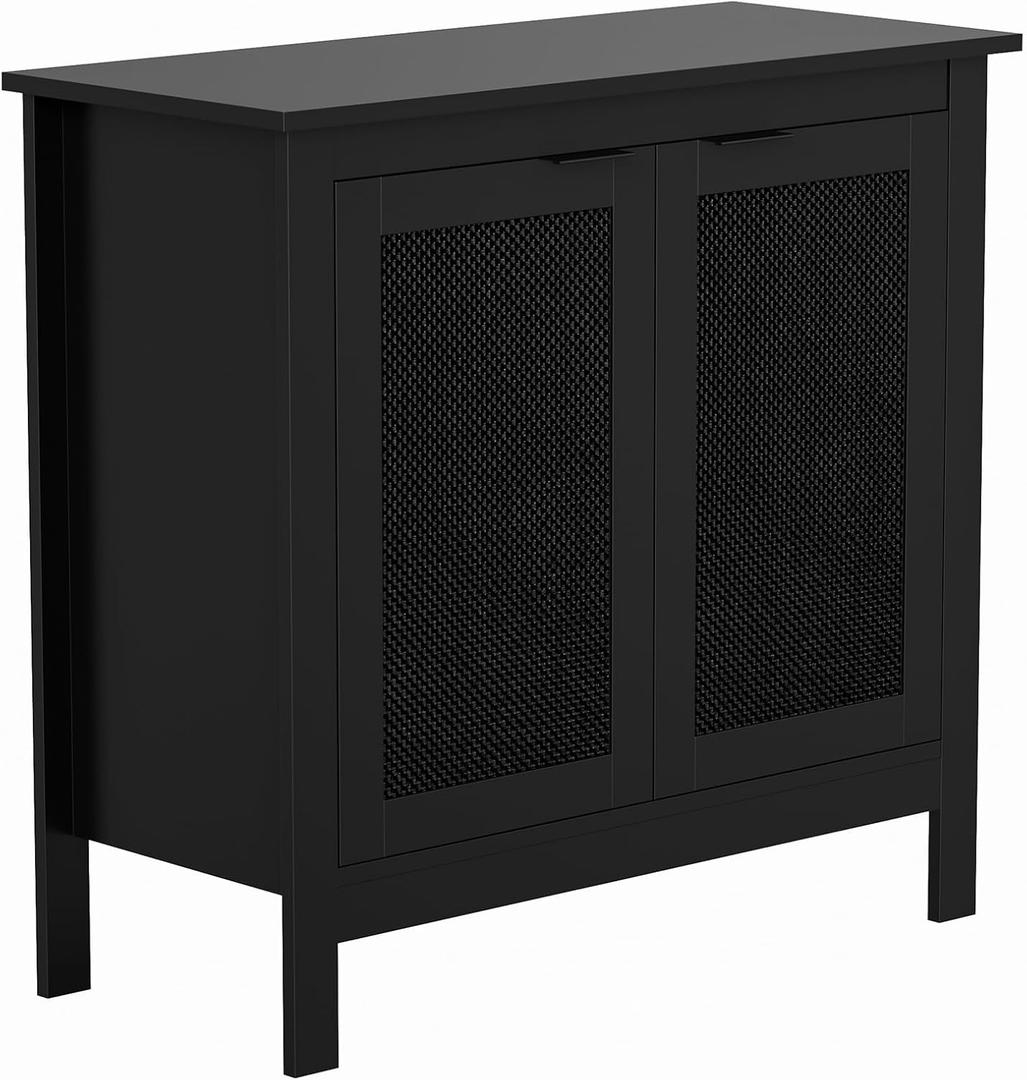 Giluta Black Sideboard Buffet Cabinet, Farmhouse Kitchen Storage Cabinets with 2 Rattan Doors, 30''H Boho Cabinet with Solid Wood Feet for Entryway, Living Room, Hallway