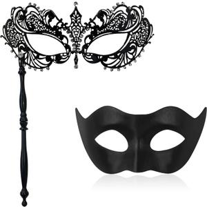 FunMular Couple Masquerade Mask with Stick Metal Masks Halloween Venetian Costume Mardi Gras Mask for Women & Men (Black)
