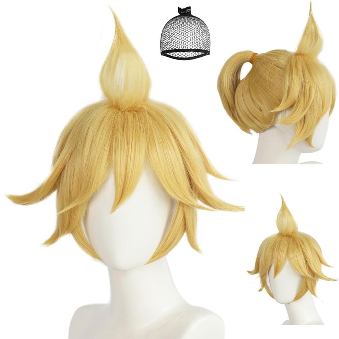 Blonde Yellow Cosplay Wig Short Blonde Ponytail Wigs with Bangs Short Blond Wigs for Halloween Party Yellow Twins Cosplay for Anime Costume Outfit+Hair Cap