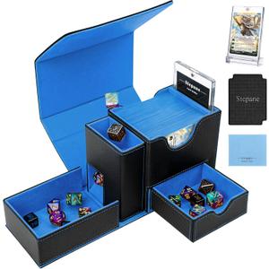 MTG Deck Box for Commander Display with Dice Tower, Fits 100 Double-Sleeved Cards for TCG/PTCG, Multifunctional Card Storage Box, with a 35PT Magnetic Card Holder (Black Blue)