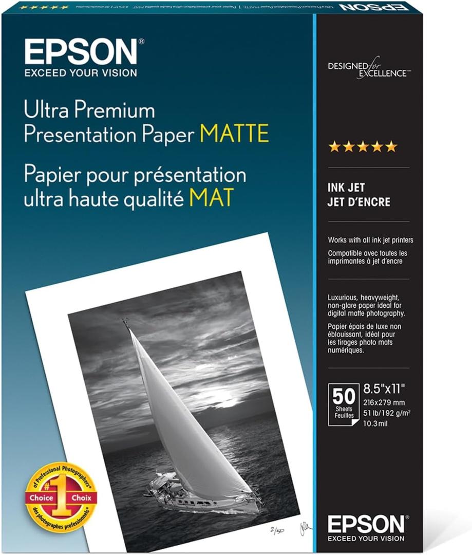 Epson Ultra Premium Presentation Paper MATTE (8.5x11 Inches, 50 Sheets) (S041341),White