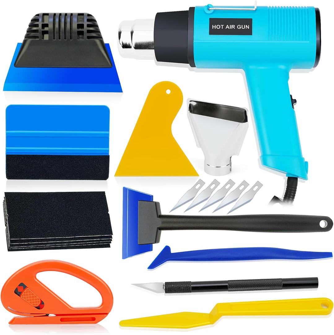 Vinyl Wrap & Window Tint Tool Kit  12Piece with 1200W Heat Gun, Felt Edge Squeegee, Glass Squeegee, Edge Trimmer, and Precision Knife Cutter for Car Wraps, Window Film, PPF, Decals, and Graphics