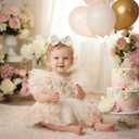 ODASDO Dresses for Baby Girls 1st First Birthday Party Dress Newborn Fairy Tulle Tutu Bubble Romper Toddler Kids Floral Embroidery Bodysuit One Year Old Cake Smash Outfit Photo Shooting Apricot 6-12M