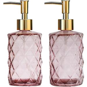 Glass Soap Dispenser with Gold Plastic Pump, 12oz Refillable Liquid Hand Soap Dispenser, 2 Pack Crystal Lotion Bottle for Modern Home Decor, Bathroom, Kitchen Countertop, Hotel (Rose Red)