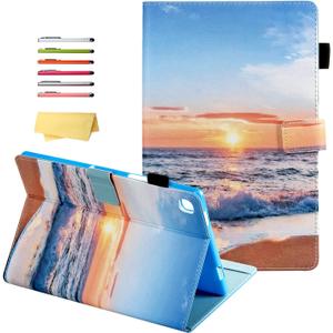 for Samsung Galaxy Tab A7 10.4 inch 2020/2022 Release (Model:SM-T500/T503/T505/T507/T509) with Stand/Pencil Holder PU Leather Protective Smart Magnetic Cover [Auto Sleep/Wake], Beach Sunset