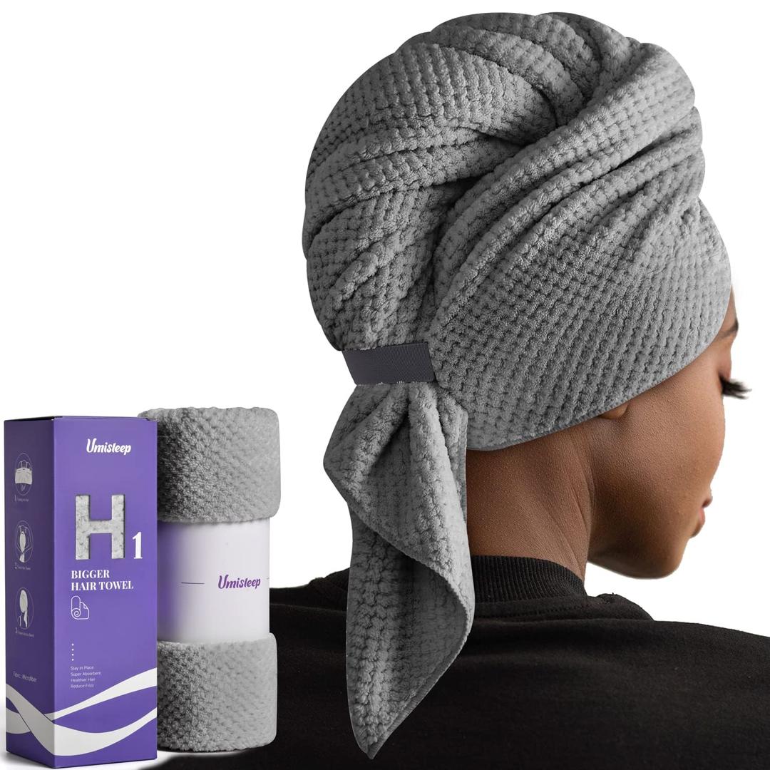 Umisleep Extra Large Microfiber Hair Towel for Women Long, Curly, Thick Hair, Super Soft Anti Frizz Quick Dry Hair Towel Wrap, Ultra Absorbent Hair Turban with Elastic Band Grey