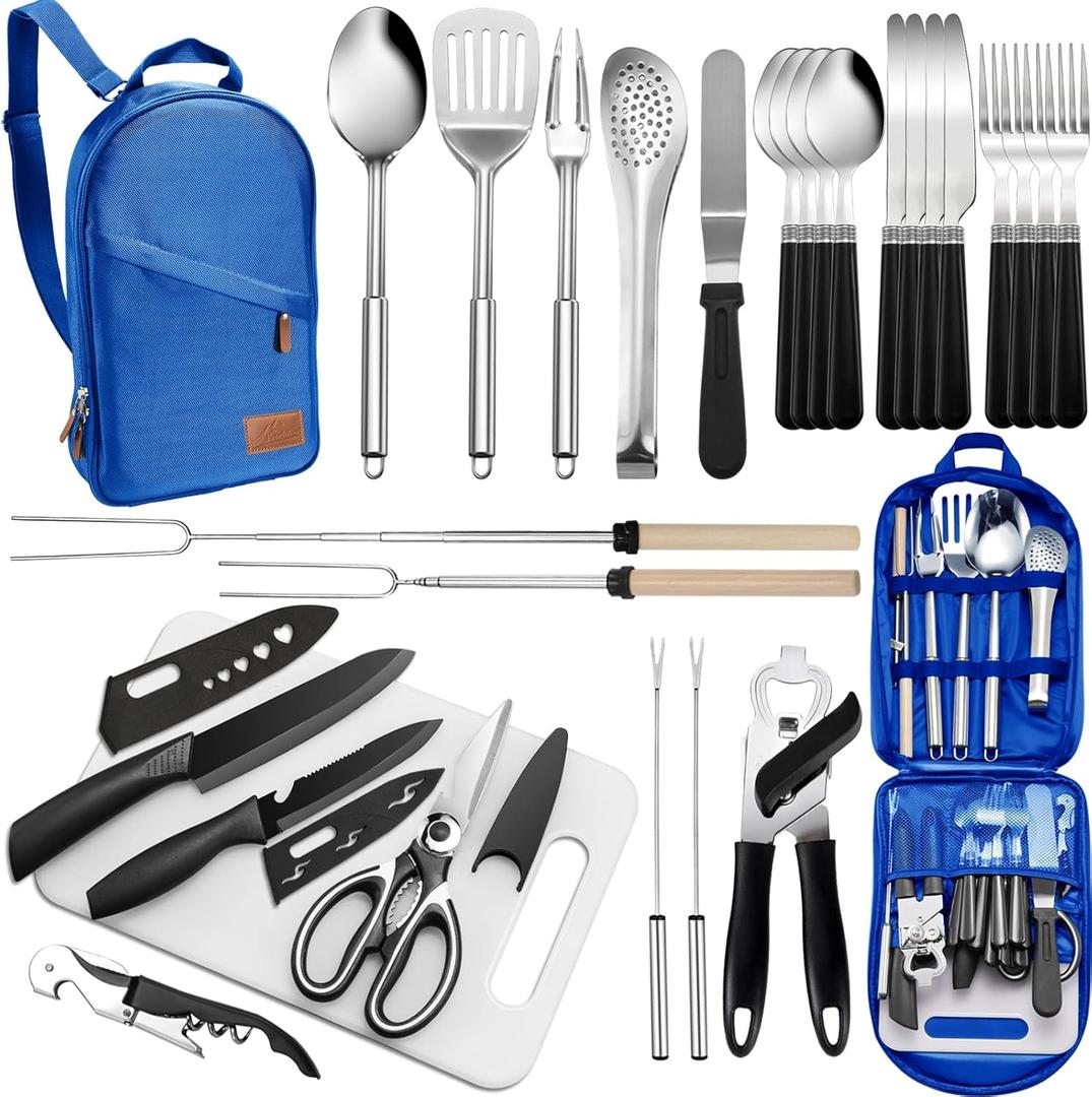 Portable Camping Kitchen Utensil Set-27 Piece Cookware Kit, Stainless Steel Outdoor Cooking and Grilling Utensil Organizer Travel Set Perfect for Travel, Picnics, RVs, Camping, BBQs, Parties and More (blue)