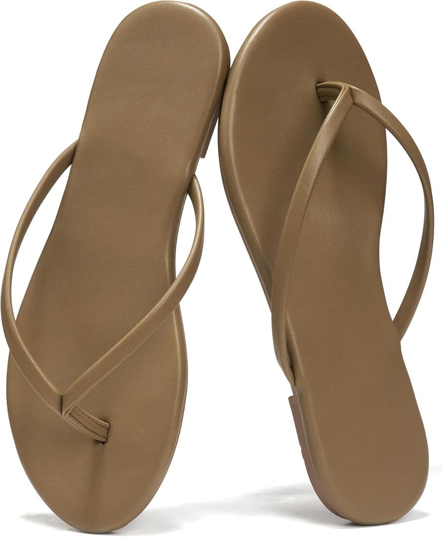 Flip Flops Sandals for Women, Summer Fashion Leather Slippers, Lightweight Comfortable Beach Sandals Slip On Flat Dressy Size 6-10 (9, Camel)