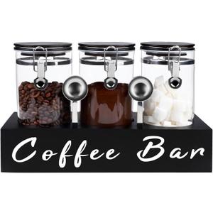 3 x 54 oz Glass Coffee Bean Storage Container with Shelf 3PCS Glass Containers with Airtight Locking Clamp Lid Spoons Coffee Canister Set Jars for Kitchen Food Storage Tea Sugar Black