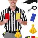 SOMSOC 6 Pcs Referee Shirt, Men Women Zipper Collar Ref Shirt Card Hat Whistle Penalty Flag Sandbag Rugby for Football Soccer (Large, Black and White)