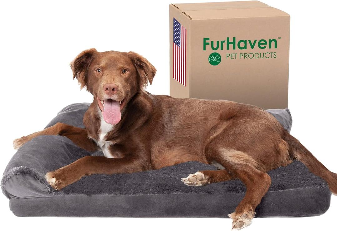 Furhaven Cooling Gel Dog Bed for Large/Medium Dogs w/ Removable Bolsters & Washable Cover, For Dogs Up to 55 lbs - Plush & Velvet L Shaped Chaise - Platinum Gray, Large (36.0"L x 27.0"W x 6.5"Th)