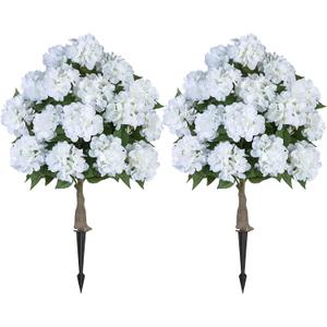 BLOSMON Fake Hydrangea Trees for Outdoors - 2 Packs 33" White Artificial Flower Topiary Ball Trees for Front Porch Decor - 20 Heads Faux Silk Hydrangea Bush Plants with Spike for Garden Yard Patio