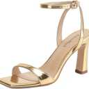 AIUNIIND High Heels for Women, Square Open Toe Heeled Sandals, Strappy Ankle Strap Shoes for Dress, Party, Prom, Chunky Block Heel 3.3 inch (Gold)