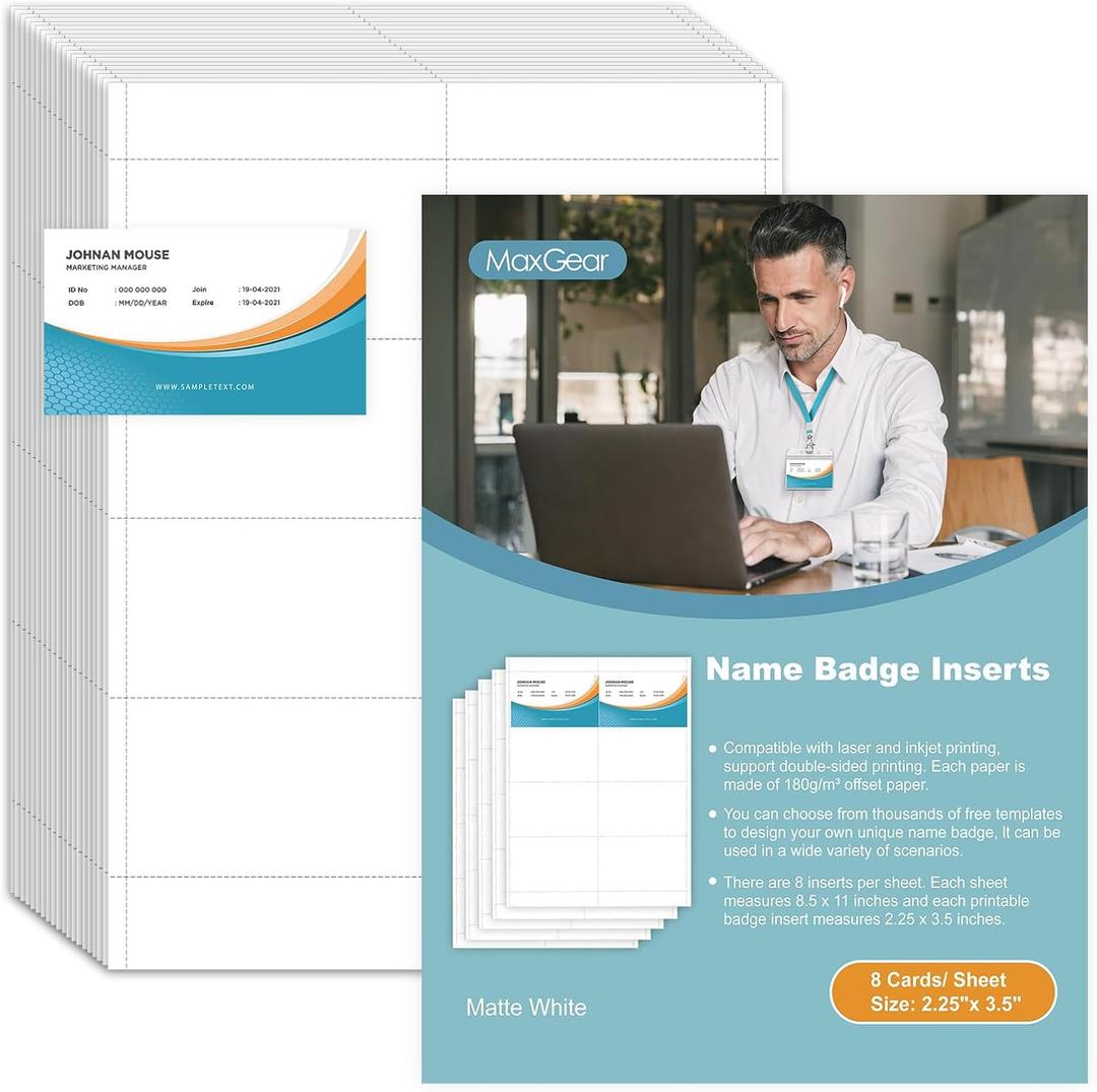 2 x MaxGear 320 Name Badge Inserts Badge Labels, 2.25" x 3.5" Printable Name Tags Insert, Personalized Insert Badges Refill, Custom Card Paper Compatible with Laser/Inkjet Printer, Office, White