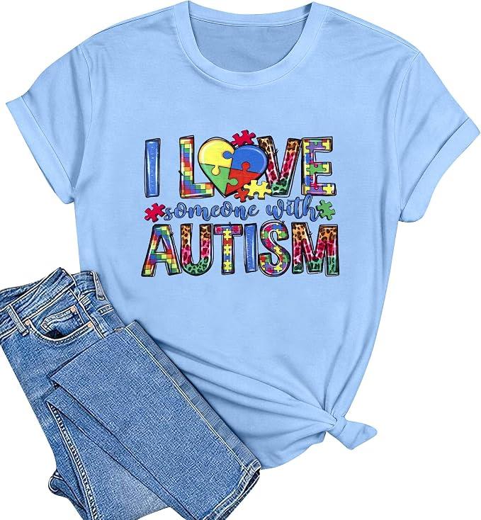 Autism Awareness Shirt Women Autism Shirts Autism Support Tops in April Blue Autism Mom Clothes Special Education Tees, Size XL