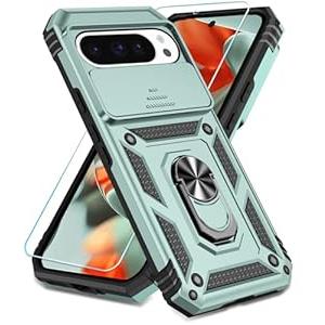 SunStory Compatible with Google Pixel 9 Pro XL Case with HD Screen Protector & Slide Camera Cover & Rotated Ring Kickstand, [Military-Grade] Case for Pixel 9 Pro XL, Green
