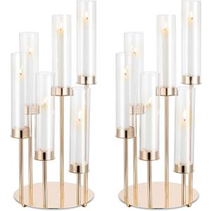 NUPTIO Hurricane Candelabra Candle Holder: 2 Pcs 6 Arm Gold Metal Candlestick Candelabras with Crystal Glass Chimney Cover 24 inch Tall Vintage Taper Candles Holders for Christmas Fireplace Decor