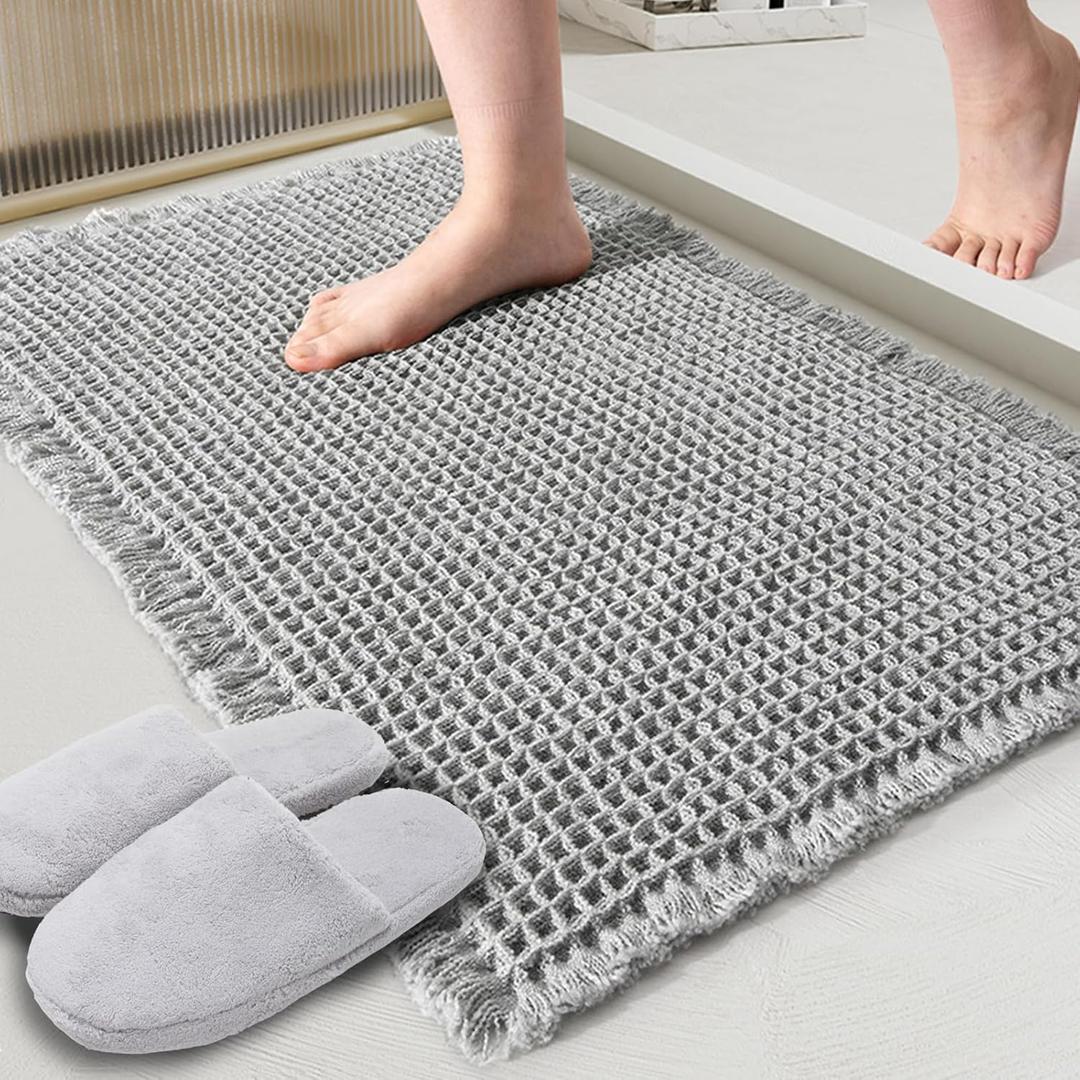 ZALL Grey Waffle Bath Mat,Super Absorbent Non Slip Bathroom Rug,Gray 18x30inch,Machine Washable Ultra Soft Floor Mats (1830inch)