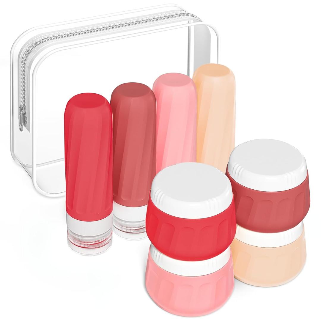Mrsdry Travel Size Toiletries 8 Pack, TSA Approved 3oz Silicone Squeeze Bottles & Cream Jars with Clear Travel Bag (Cherry Red)