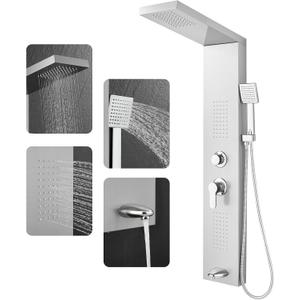 ROVOGO Shower Panel Tower System cUPC Certified, High Pressure Rainfall Shower, Body Jets, Handheld and Tub Spout, 46.5 in. Shower Column Stainless Steel, Brushed