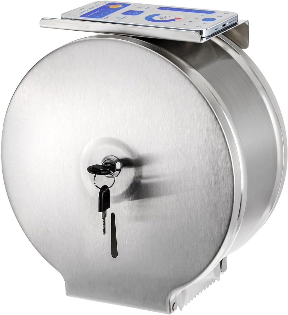 Suwimut Commercial Jumbo Toilet Paper Dispenser with Shelf, Wall Mount Stainless Steel 9 Inch Roll Toilet Paper Holder, Brushed Touchless Toilet Tissue Dispenser with Lock Key for Restroom Bathroom