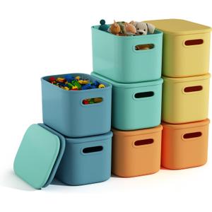 8 Pack Colorful Storage Bins with Lids for Shelves, Classroom Storage Bins, Stackable Colored Bins, Plastic Storage Containers with Lids for Organizing, Storage Boxes for Craft, Art Supplies